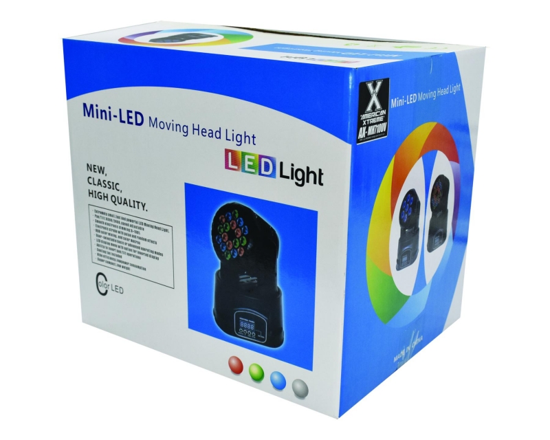 Luz Led Mini Robotica, 7x10W en RGB+UV, giratoria, Canales DMX 9/14, movimientos de 540 grados en eje X (PAN), 190 grados en eje Y (TILT)