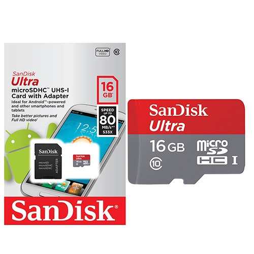 Tarjeta de Memoria Sandisk MicroSDHC 16Gb; 80MB/s Clase 10, incluido adaptador SD