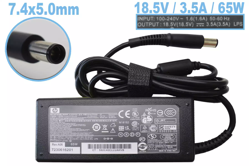 Cargador para Laptop HP 18.5V/3.5A/65W/Plug 7.4x5.0mm, Punta Aguja, T.Original