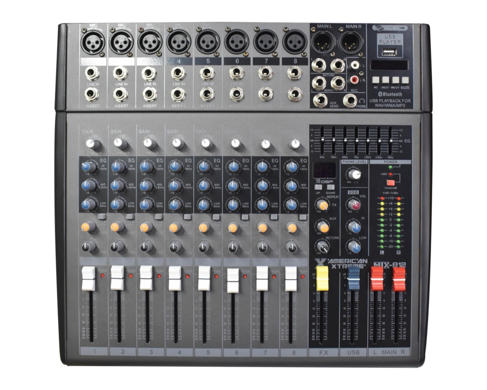 Consola de Audio American Xtreme MIX-812 de 8 canales, USB, Bluetooth, EQ, FX, Reproductor MP3