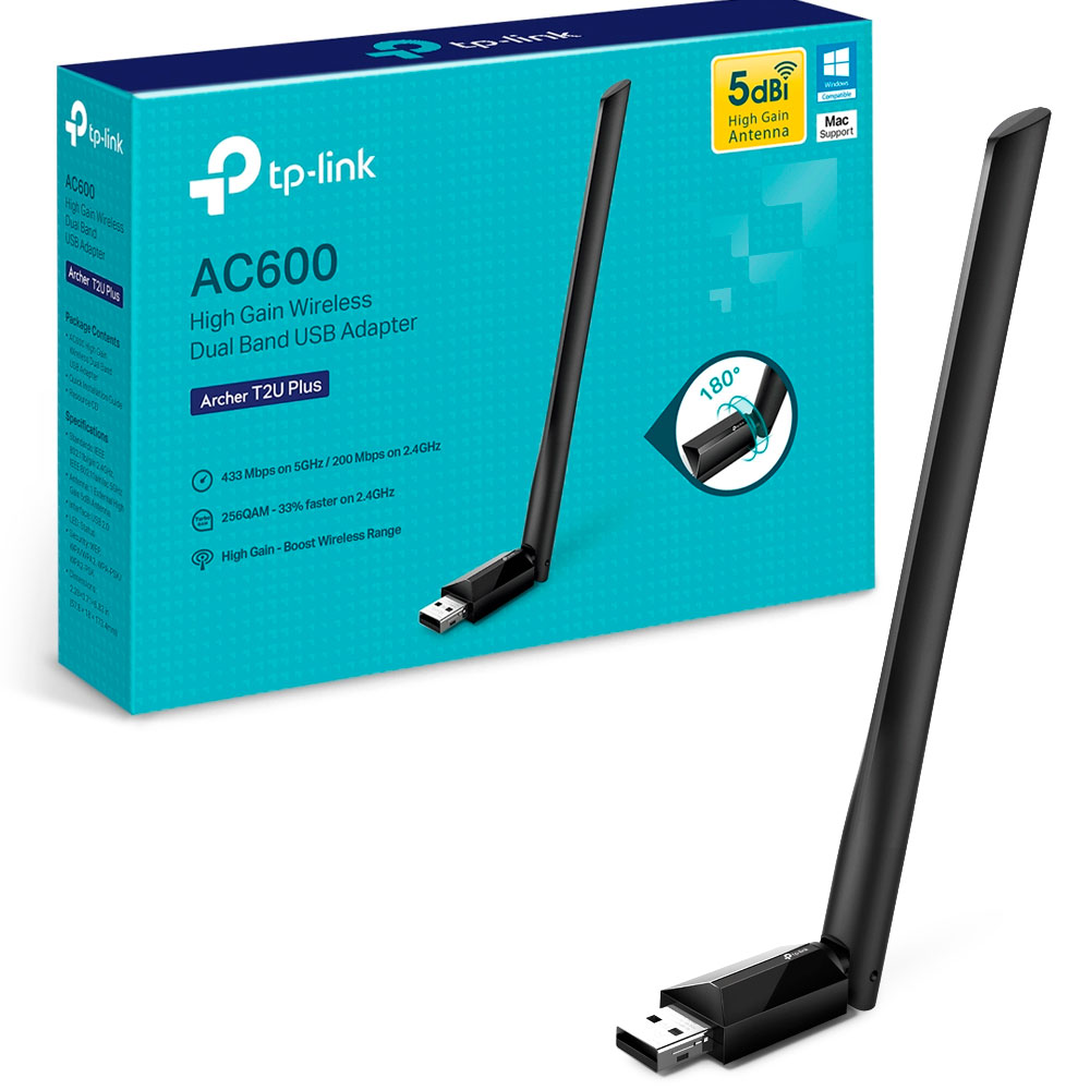 Adaptador de Red USB WiFi Tp-Link Archer T2u Plus AC600 Dual Band 2.4ghz: 200Mbps y 5Ghz: 433Mbps 1 Antena 180° 5dbi, compatible: Windows Mac Os