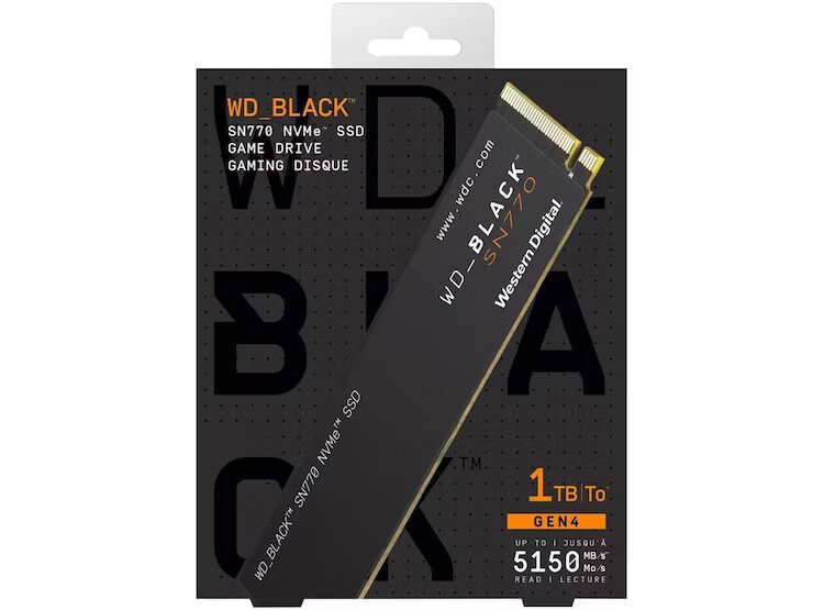 Disco Solido Wester Digital Black SN770 M.2 2280 SSD NVMe 1Tb, PCIe 4.0 Gen4, hasta 5150 Mb/s en lectura y escritura