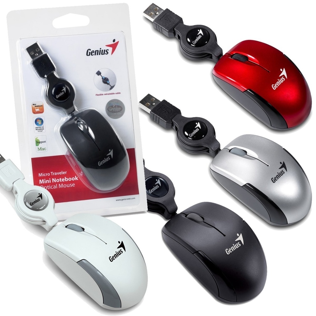 Mouse Genius Micro Traveller Retractil USB, 3 botones con cable para Laptop, compatible: Windows, Mac, Linux