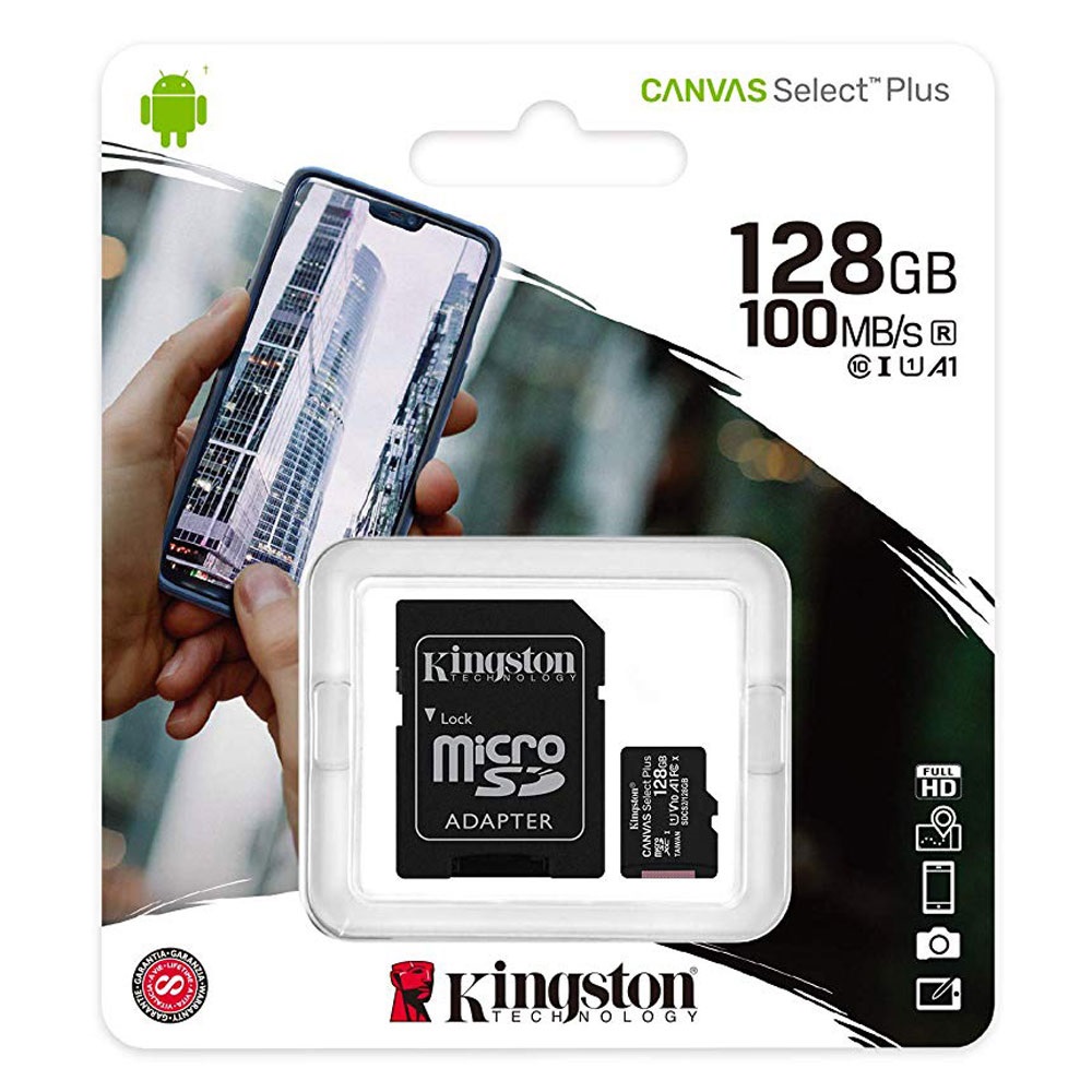 Tarjeta de Memoria Kingston Canvas Select Plus MicroSDXC UHS-I, 128Gb; E10Mb/s, L45Mb/s; Clase 10, incluido adaptador SD (copia)