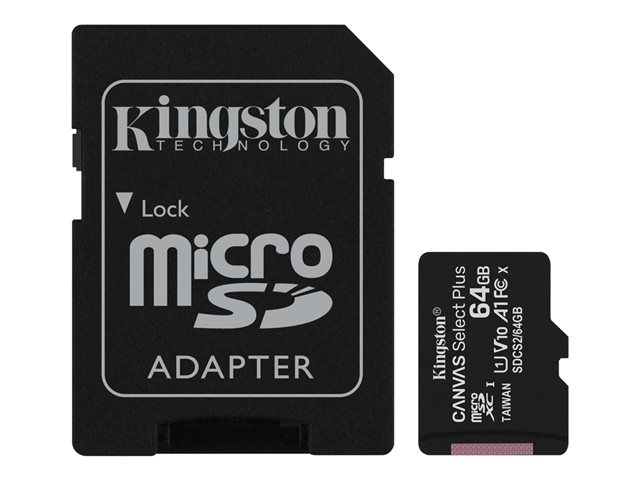 Tarjeta de Memoria Kingston Canvas Select Plus MicroSDXC UHS-I, 64Gb; E10Mb/s, L45Mb/s; Clase 10, incluido adaptador SD (copia)