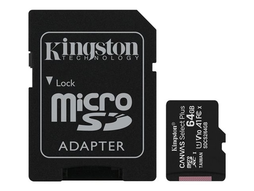 [MSDKINGSTON03] Tarjeta de Memoria Kingston Canvas Select Plus MicroSDXC UHS-I, 64Gb; E10Mb/s, L45Mb/s; Clase 10, incluido adaptador SD (copia)