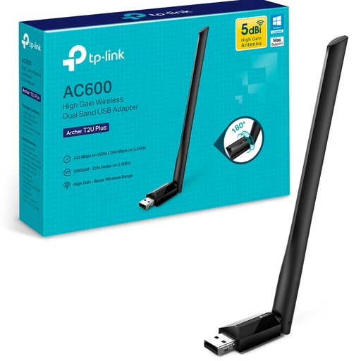 [ATPLINKT2U01] Adaptador de Red WiFi Tp-Link Archer T2u Plus AC600 Dual Band 2.4ghz: 200Mbps Y 5Ghz: 433Mbps 1 Antena 180° 5dbi, compatible: Windows Mac Os